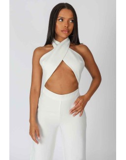 Cross Front Halter Wide Leg Jumpsuit White