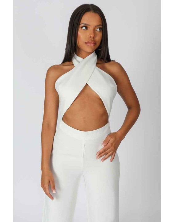 Cross Front Halter Wide Leg Jumpsuit White