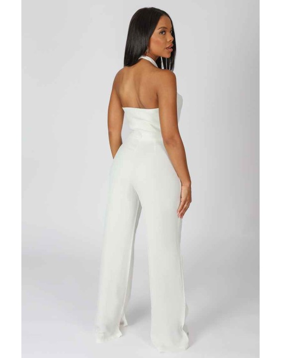 Cross Front Halter Wide Leg Jumpsuit White