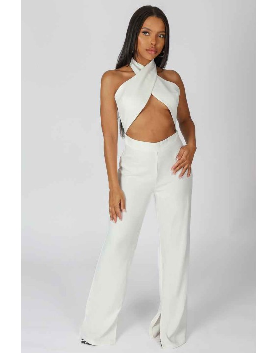 Cross Front Halter Wide Leg Jumpsuit White
