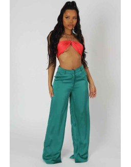 Wide Leg Split Hem Satin Tailored Trousers Green