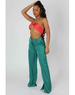Wide Leg Split Hem Satin Tailored Trousers Green