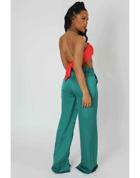 Wide Leg Split Hem Satin Tailored Trousers Green