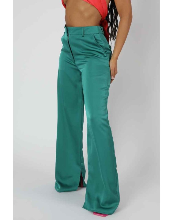 Wide Leg Split Hem Satin Tailored Trousers Green