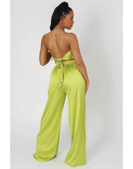 Satin Chain Halterneck Top Lime