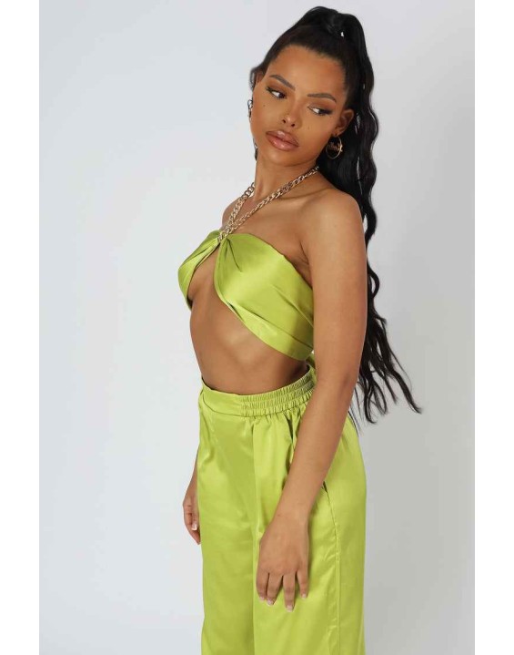 Satin Chain Halterneck Top Lime