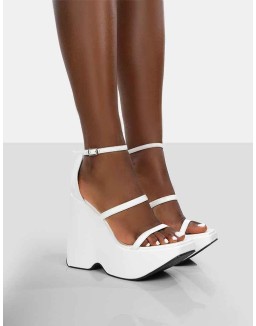 Duke White Strappy Square Toe Platform Wedge High Heels