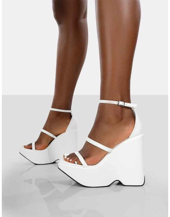 Duke White Strappy Square Toe Platform Wedge High Heels