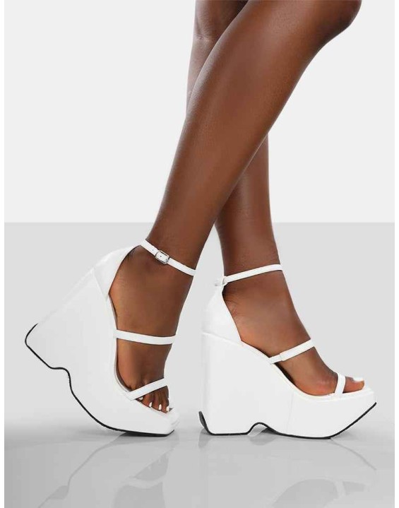 Duke White Strappy Square Toe Platform Wedge High Heels