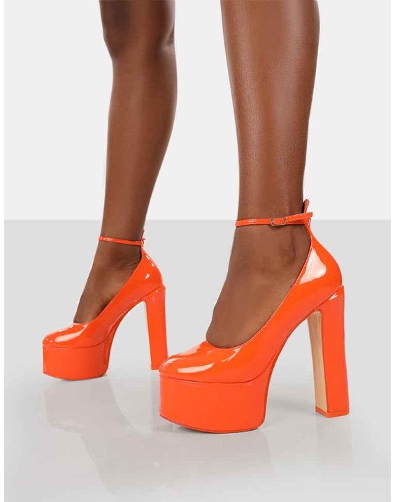 Donatella Orange Ankle Strap Closed Toe Platform Block Heels