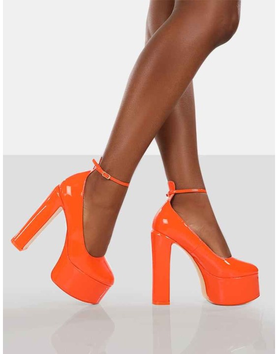 Donatella Orange Ankle Strap Closed Toe Platform Block Heels