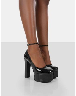 Donatella Black Patent Ankle Strap Closed Toe Platform Block Heels