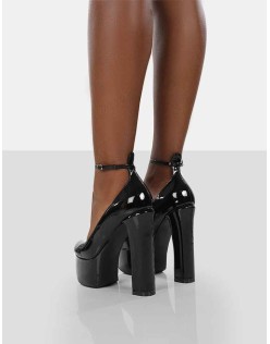 Donatella Black Patent Ankle Strap Closed Toe Platform Block Heels