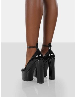 Donatella Black Patent Ankle Strap Closed Toe Platform Block Heels