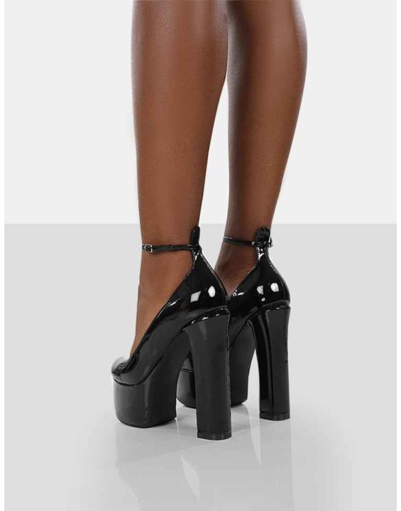 Donatella Black Patent Ankle Strap Closed Toe Platform Block Heels