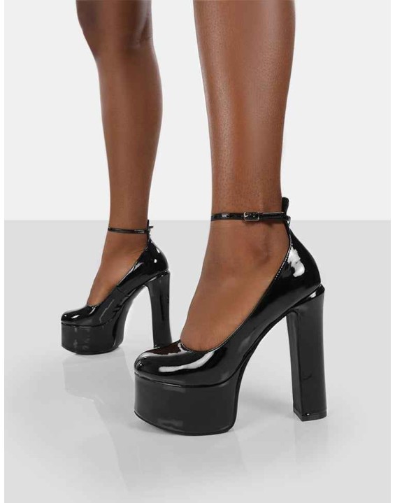 Donatella Black Patent Ankle Strap Closed Toe Platform Block Heels