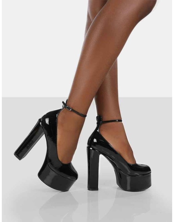 Donatella Black Patent Ankle Strap Closed Toe Platform Block Heels