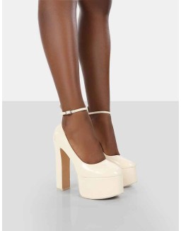 Donatella White Ankle Strap Closed Toe Platform Block Heels
