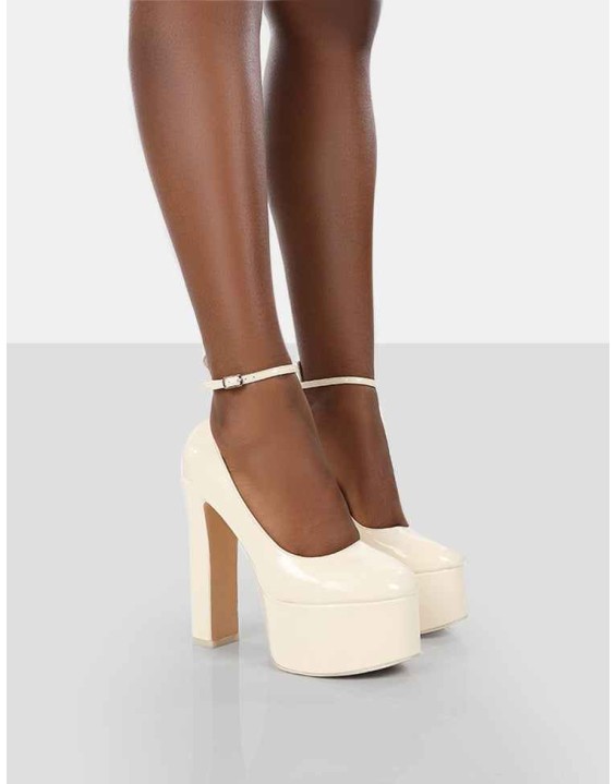 Donatella White Ankle Strap Closed Toe Platform Block Heels