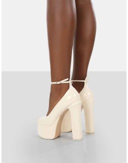Donatella White Ankle Strap Closed Toe Platform Block Heels