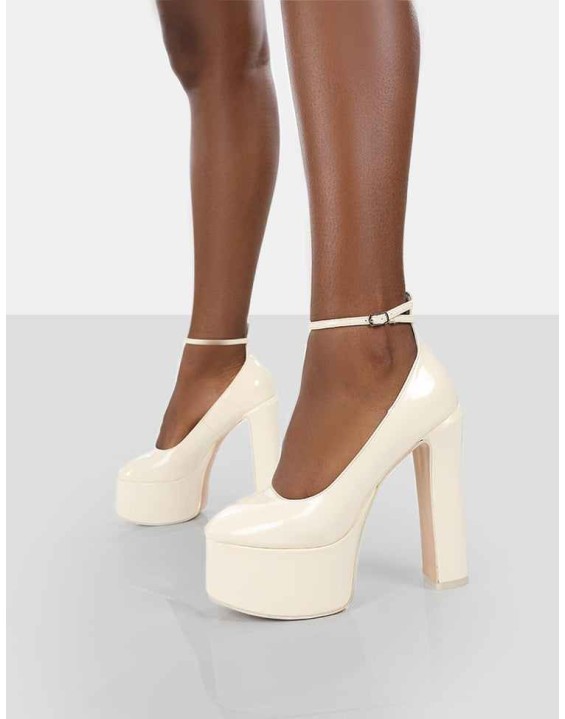 Donatella White Ankle Strap Closed Toe Platform Block Heels