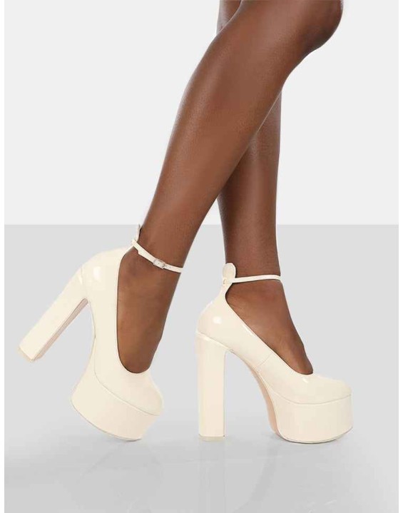 Donatella White Ankle Strap Closed Toe Platform Block Heels