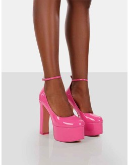 Donatella Pink Patent Ankle Strap Closed Toe Platform Block Heels