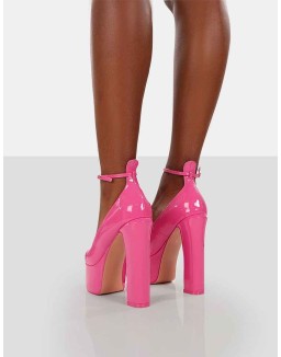 Donatella Pink Patent Ankle Strap Closed Toe Platform Block Heels