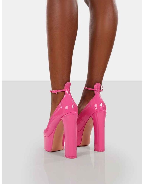 Donatella Pink Patent Ankle Strap Closed Toe Platform Block Heels