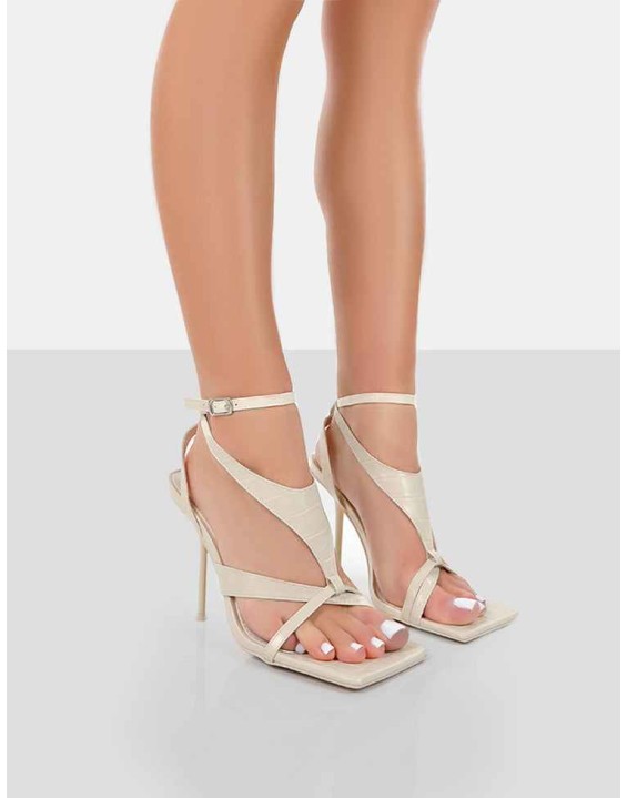 Harness Ecru Croc Strappy Square Toe Stiletto Heels