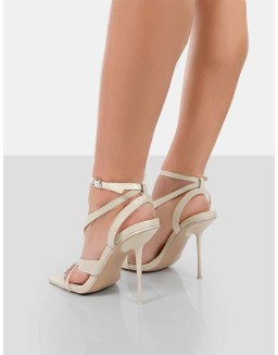Harness Ecru Croc Strappy Square Toe Stiletto Heels