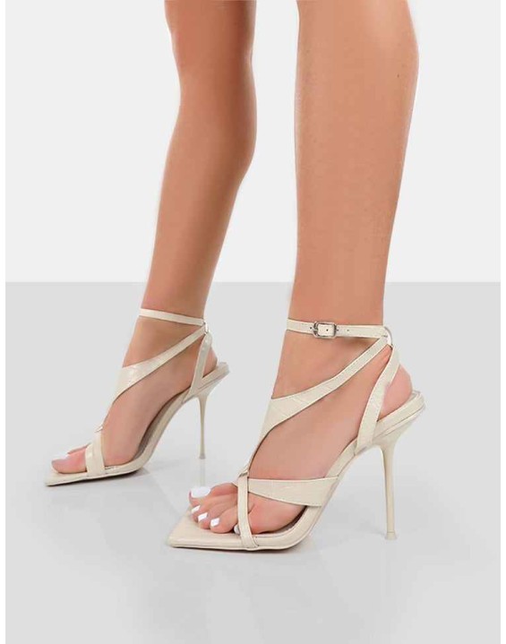 Harness Ecru Croc Strappy Square Toe Stiletto Heels