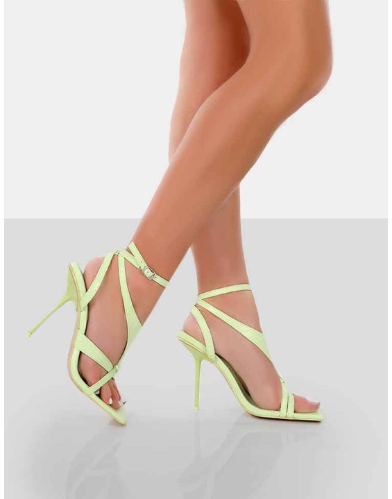 Harness Lime Croc Strappy Square Toe Stiletto Heels