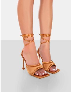 Gracie Toffee Satin Square Peep Toe Lace Up Stiletto Heels