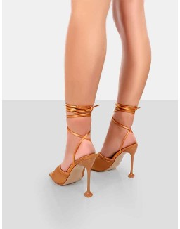 Gracie Toffee Satin Square Peep Toe Lace Up Stiletto Heels