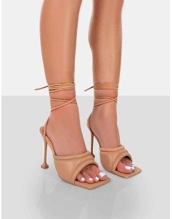 Gracie Nude Pu Square Peep Toe Lace Up Stiletto Heels