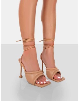 Gracie Nude Pu Square Peep Toe Lace Up Stiletto Heels