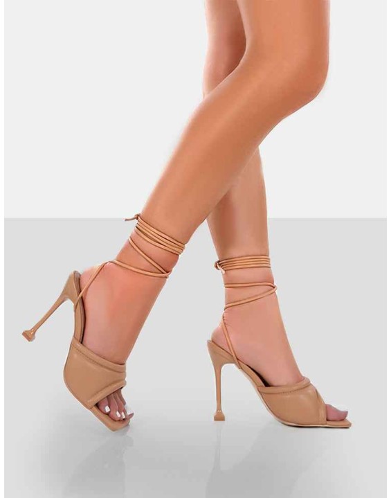 Gracie Nude Pu Square Peep Toe Lace Up Stiletto Heels