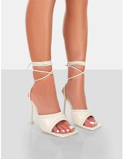 Gracie Ecru Pu Square Peep Toe Lace Up Stiletto Heels