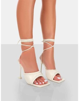Gracie Ecru Pu Square Peep Toe Lace Up Stiletto Heels