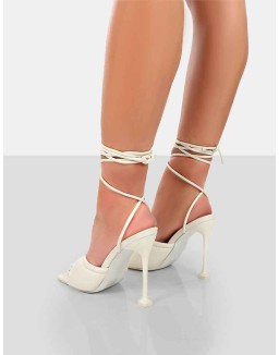 Gracie Ecru Pu Square Peep Toe Lace Up Stiletto Heels