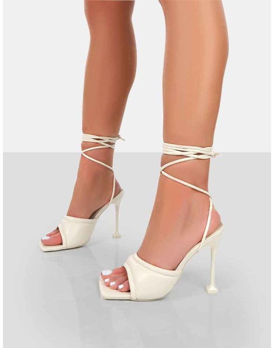 Gracie Ecru Pu Square Peep Toe Lace Up Stiletto Heels