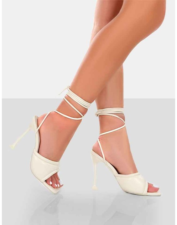 Gracie Ecru Pu Square Peep Toe Lace Up Stiletto Heels