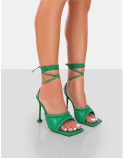 Gracie Green Pu Square Peep Toe Lace Up Stiletto Heels