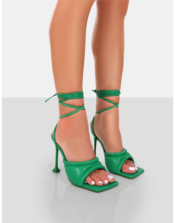 Gracie Green Pu Square Peep Toe Lace Up Stiletto Heels