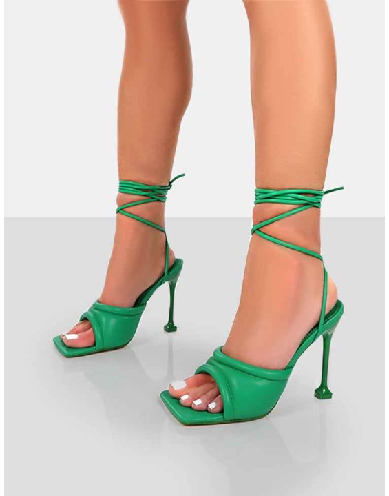 Gracie Green Pu Square Peep Toe Lace Up Stiletto Heels