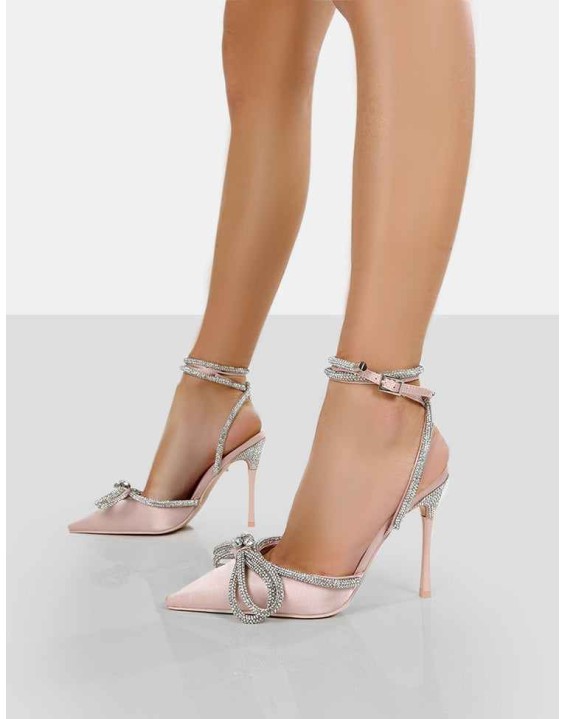 Midnight Pink Satin Wrap Around Bow Pointed Toe Court Heels