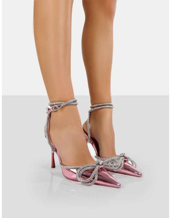 Midnight Pink Mirror Wrap Around Bow Pointed Toe Court Heels