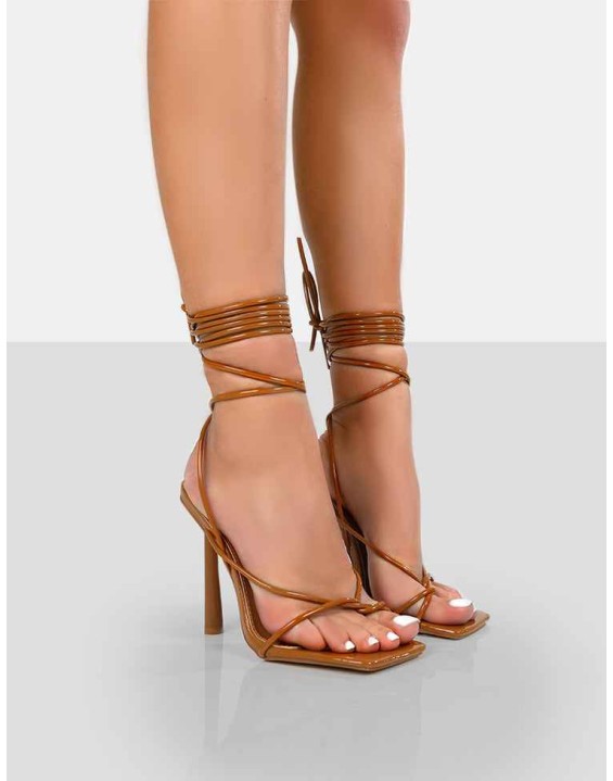 Lacey Caramel Square Toe Strappy Lace Up Stiletto Heels