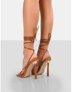 Lacey Caramel Square Toe Strappy Lace Up Stiletto Heels